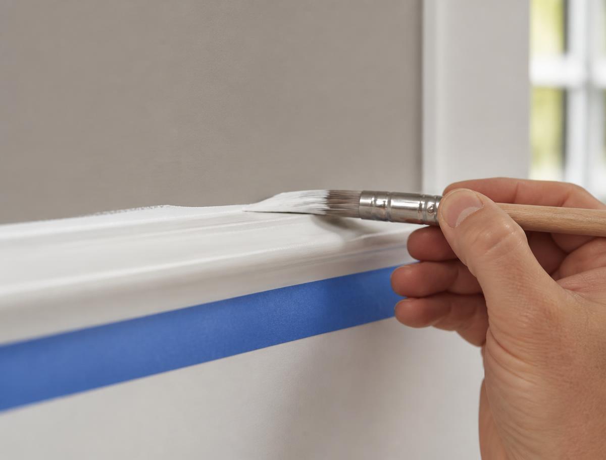 Painter cutting a clean line of white trim against a gray wall